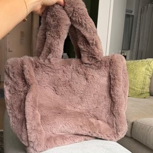 Plush Faux Fur Tote Bag - Brown/Mauve